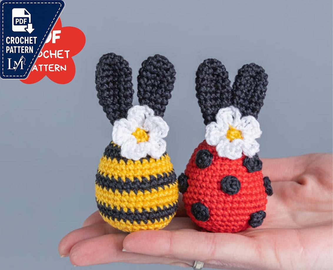 Crochet patterns Easter bunny, Crochet bee amigurumi pattern, Crochet ladybug, Easter amigurumi pattern with crochet flower, Crochet decor